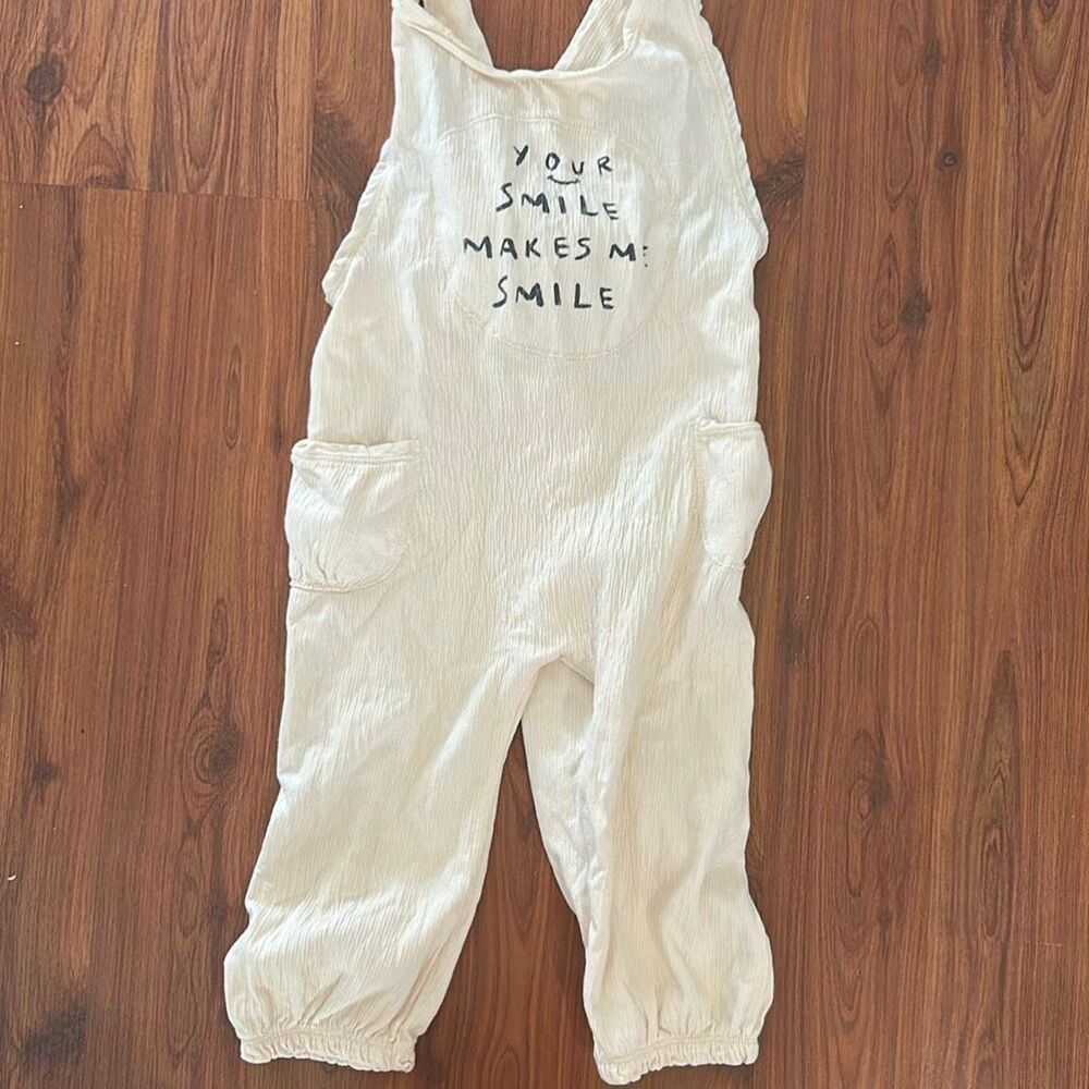 Zara 100% cotton toddlers beige crinkle one piece jumper your smile makes me smi